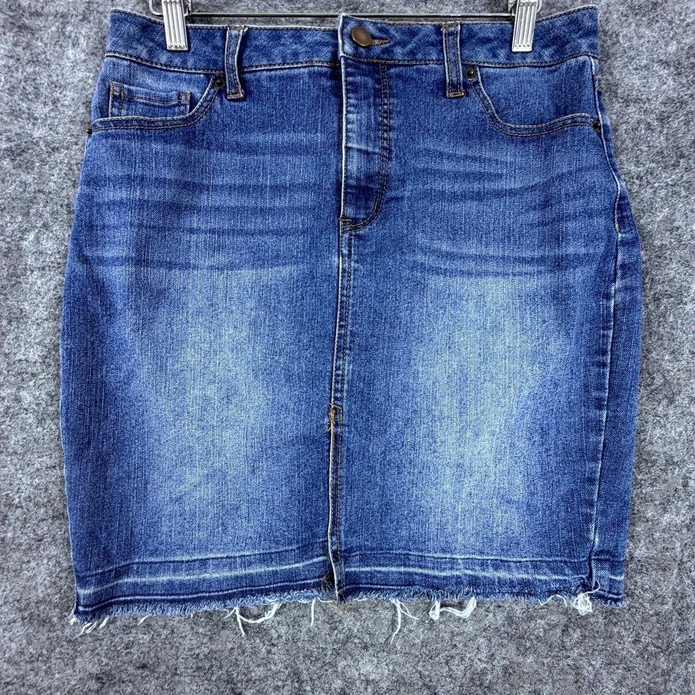 Faded Glory Pencil Jean Skirt Womens 8 Blue Denim Frayed Hem 90s Basics Capsule